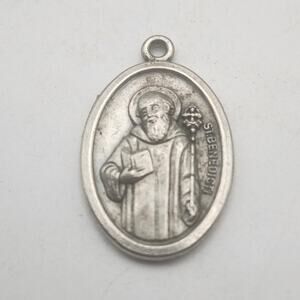 Italy St Benedict Medal‎ Pendant Silver Tone Catholic Exorcism Oval Charm 1 Inch